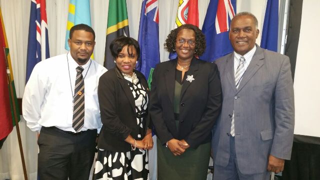 Photo caption: (L-r) Gary Liburd, Chief Labour Officer, Rhonda Nisbett-Browne Legal Counsel in the Nevis Island Administration, Shernel James, Acting Labour Commissioner in St. Kitts and Nevis and Minister of Labour in St. Kitts and Nevis and Premier of Nevis Hon. Vance Amory on February 22, 2017, at the 10th annual International Labour Organization meeting at the Jamaica Pegasus Hotel in New Kingston